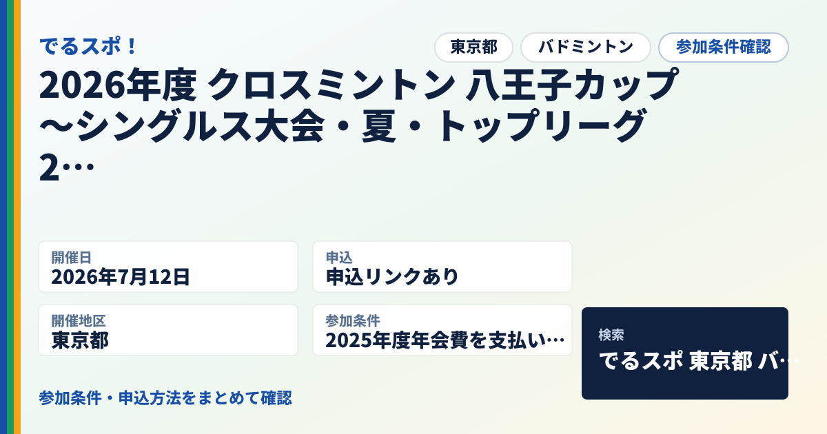2026年度 クロスミントン 八王子カップ　～シングルス大会・夏・トップリーグ2部～