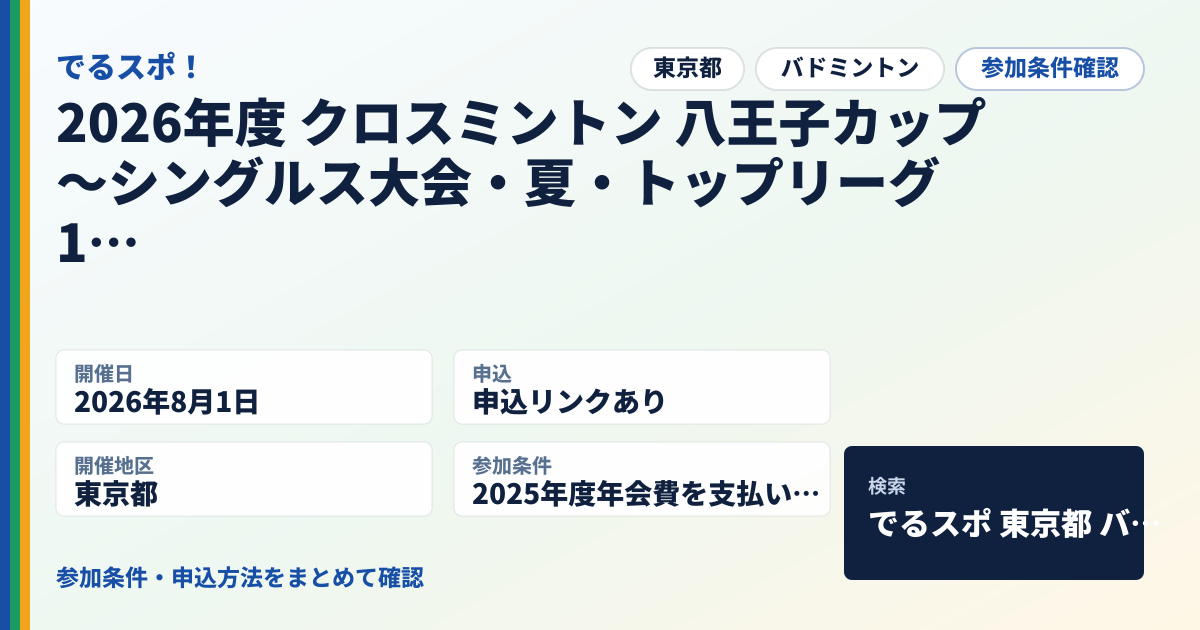 2026年度 クロスミントン 八王子カップ　～シングルス大会・夏・トップリーグ1部～