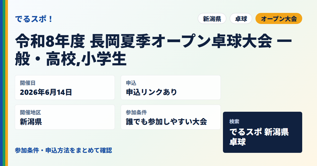 令和8年度 長岡夏季オープン卓球大会 一般・高校,小学生