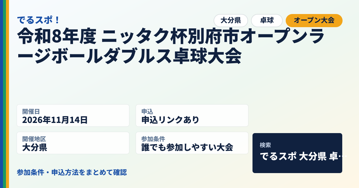 令和8年度 ニッタク杯別府市オープンラージボールダブルス卓球大会