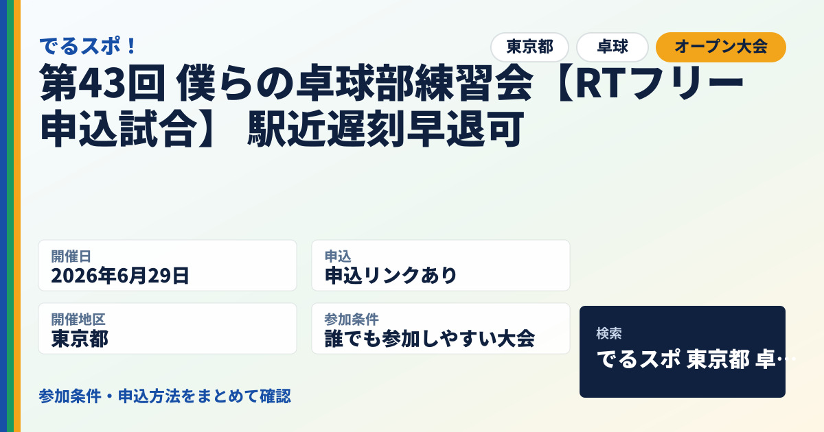 第43回 僕らの卓球部練習会【RTフリー申込試合】 駅近遅刻早退可