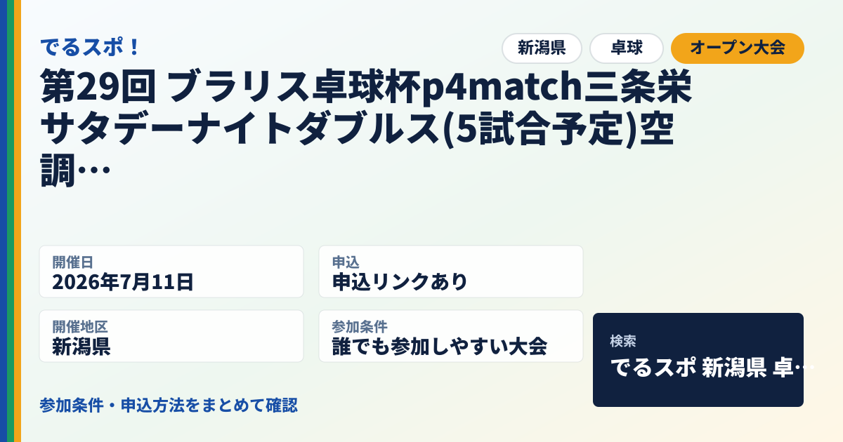 第29回 ブラリス卓球杯p4match三条栄サタデーナイトダブルス(5試合予定)空調あり