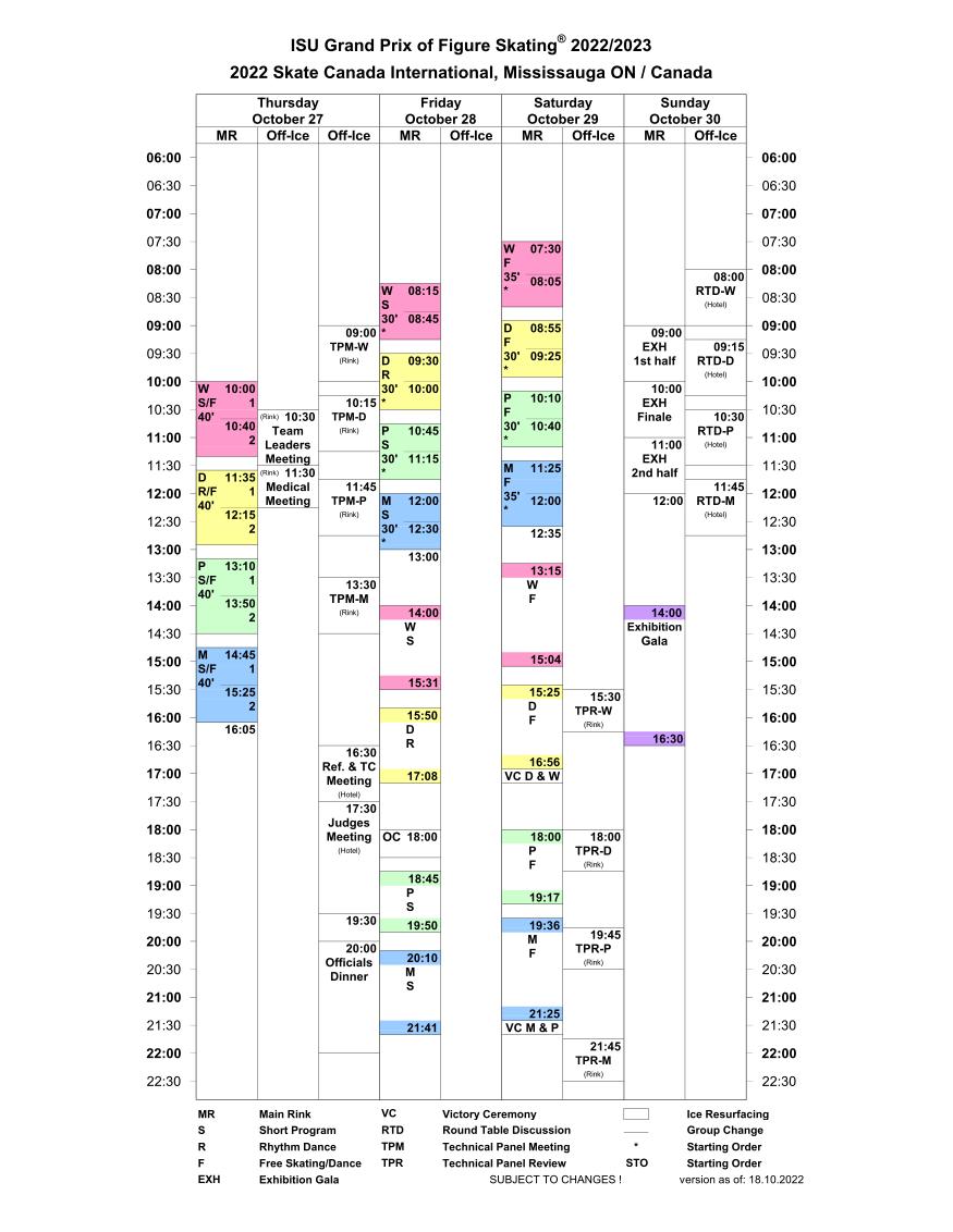 フィギュアスケートグランプリシリーズ・スケートカナダ2022・スケジュール表