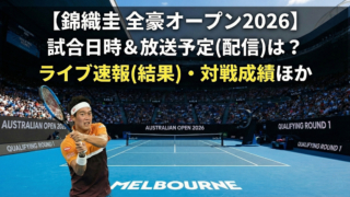 全豪オープン2026予選1回戦のコートでプレーする錦織圭選手の写真。画像上部には『【錦織圭 予選1回戦 全豪オープン2026】試合日時＆放送予定(配信)は？ライブ速報(結果)・対戦成績ほか』というタイトル文字が配置されている。