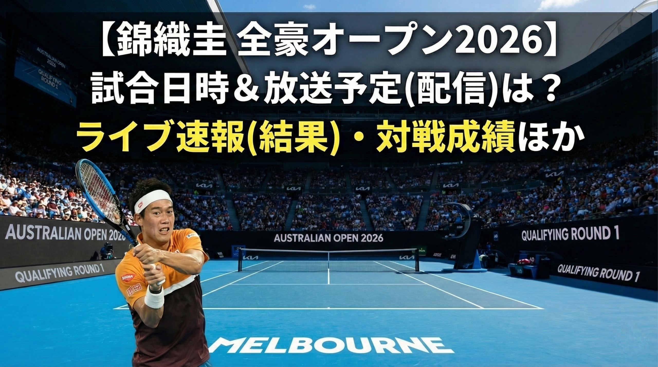 全豪オープン2026予選1回戦のコートでプレーする錦織圭選手の写真。画像上部には『【錦織圭 予選1回戦 全豪オープン2026】試合日時＆放送予定(配信)は？ライブ速報(結果)・対戦成績ほか』というタイトル文字が配置されている。