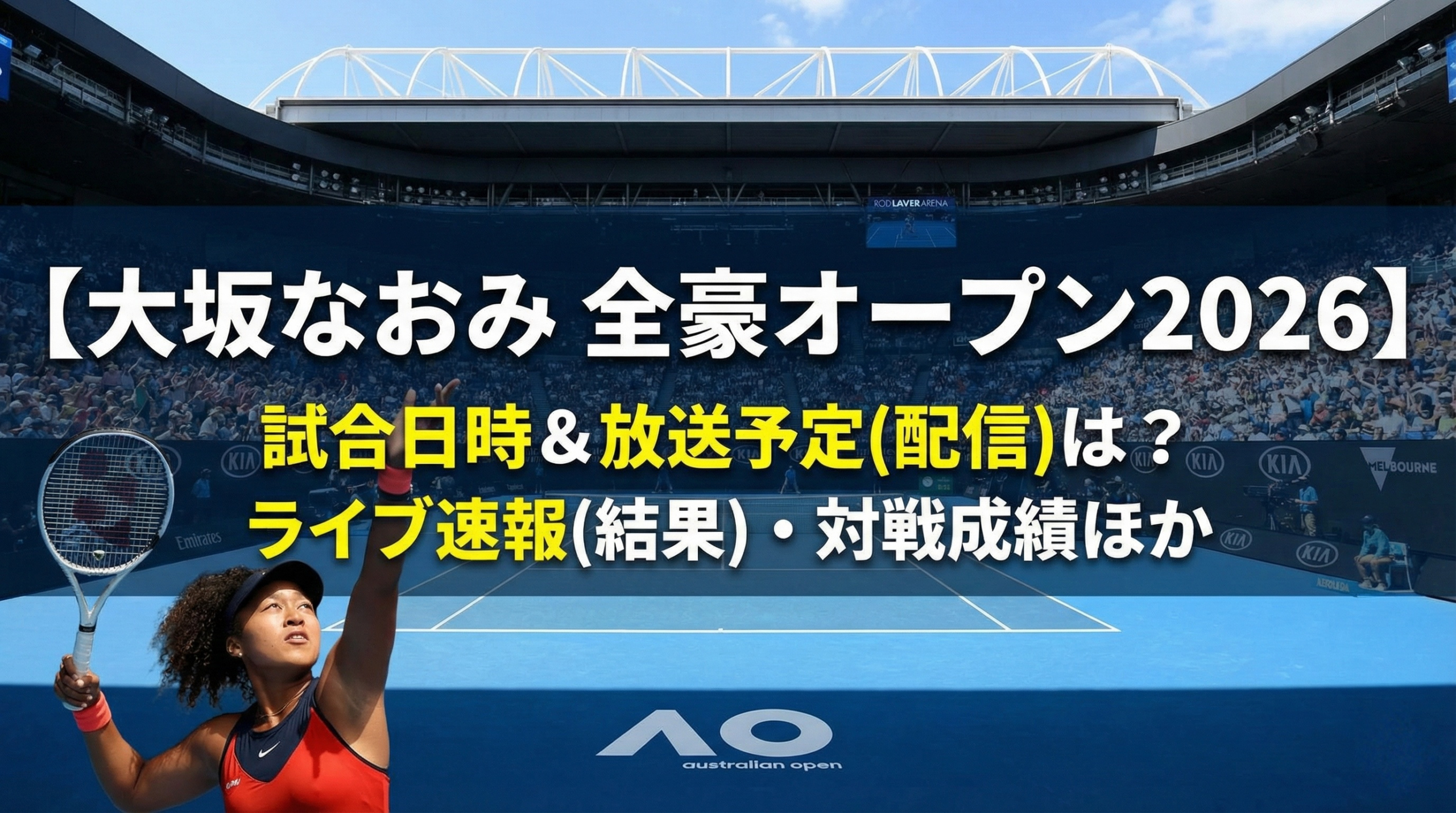 全豪オープンのコートでサーブを打つ大坂なおみ選手の写真。画像上部には『【大坂なおみ 全豪オープン2026】試合日時&放送予定(配信)は?ライブ速報(結果)・対戦成績ほか』というタイトル文字が配置されている。