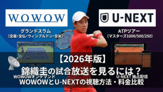 錦織圭 2026年シーズンのテニス中継視聴ガイド。プレー中の錦織選手を背景に、グランドスラム独占のWOWOWと、ATPツアー独占のU-NEXTのロゴを配置。テレビ放送とネット配信の料金・視聴方法を比較する記事のヘッダー画像
