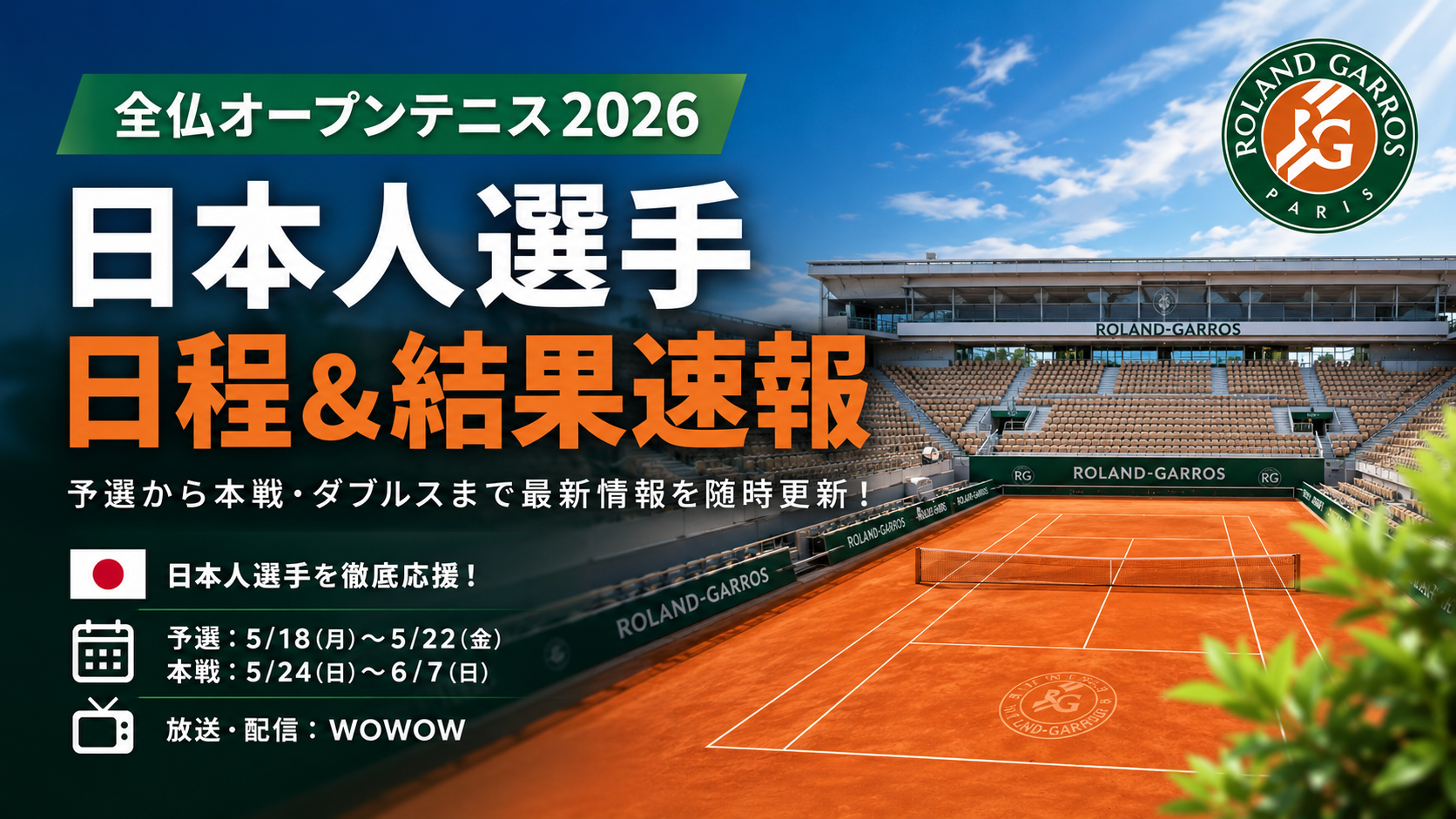全仏オープンテニス2026に出場する日本人選手の日程と結果速報